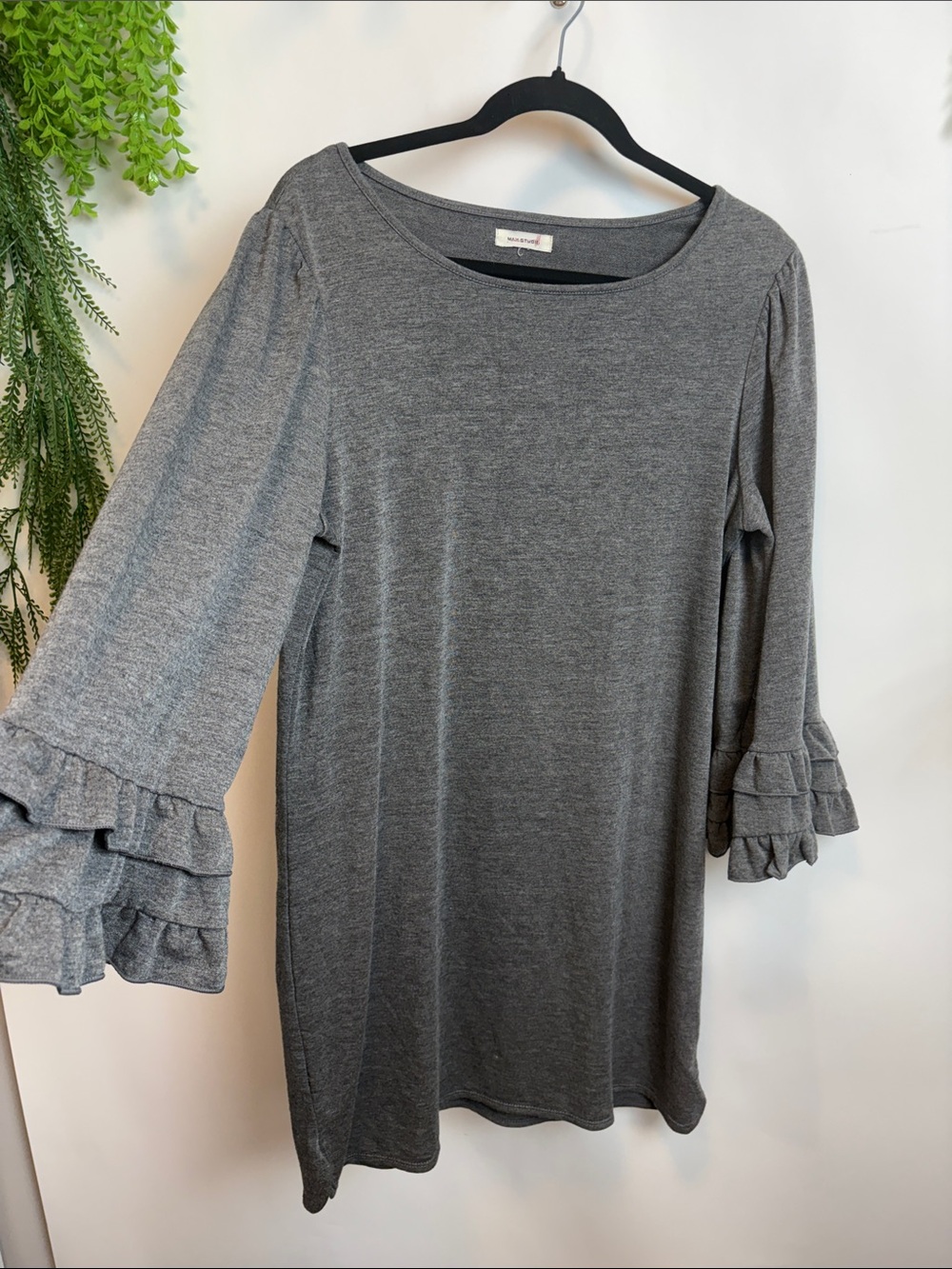 Max Studio Gray Ruffle-Sleeve Midi Dress